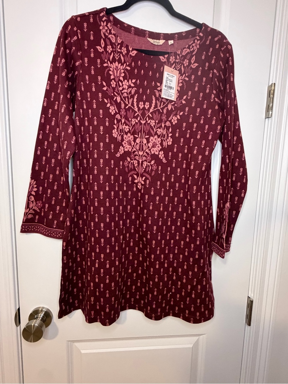 Itse Maroon Long-Sleeve Tunic with Pink Floral Embroidery NWT